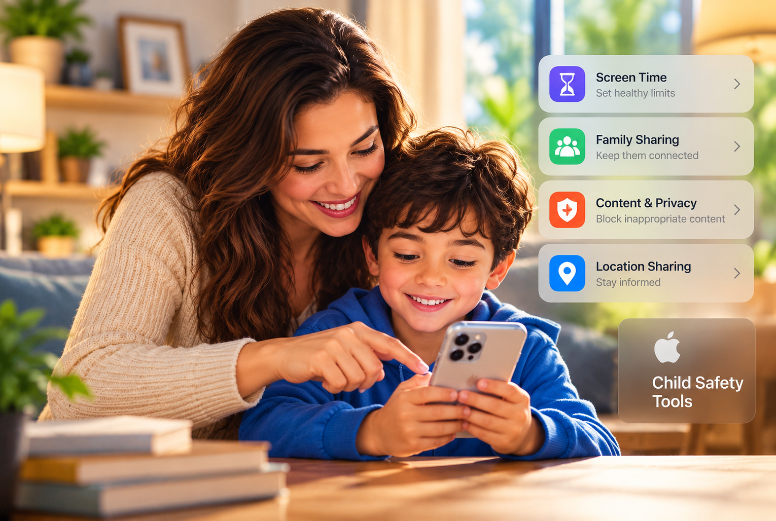 Parent and child learning about smartphone safety settings