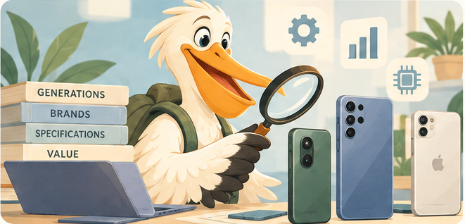 ONOCRA pelican discovering and comparing phones with a magnifying glass