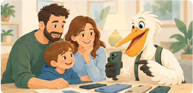 ONOCRA pelican helping a family consider different phones
