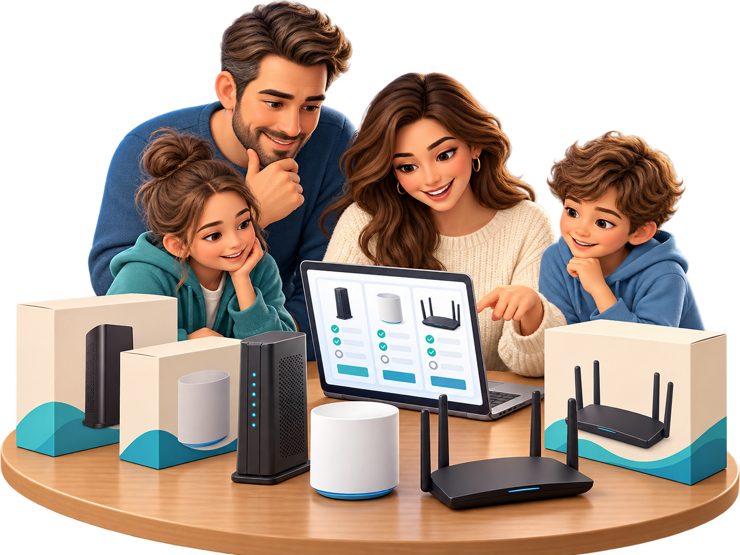 Family reviewing home internet equipment before buying