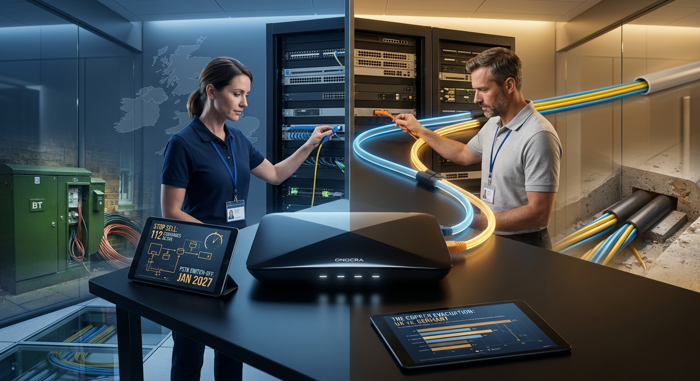 Editorial illustration of broadband network upgrades in the United Kingdom and Germany