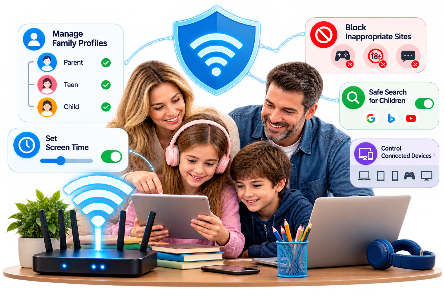 Family setting home Wi-Fi parental controls and site blocking