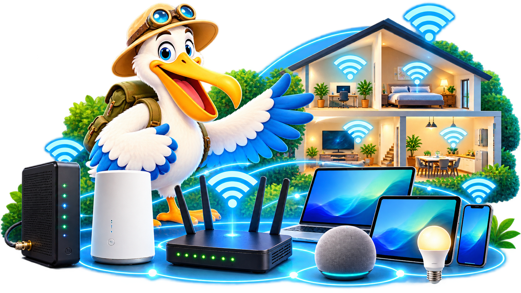 ONOCRA pelican helping a connected household with home internet, a router, mesh Wi-Fi and smart devices
