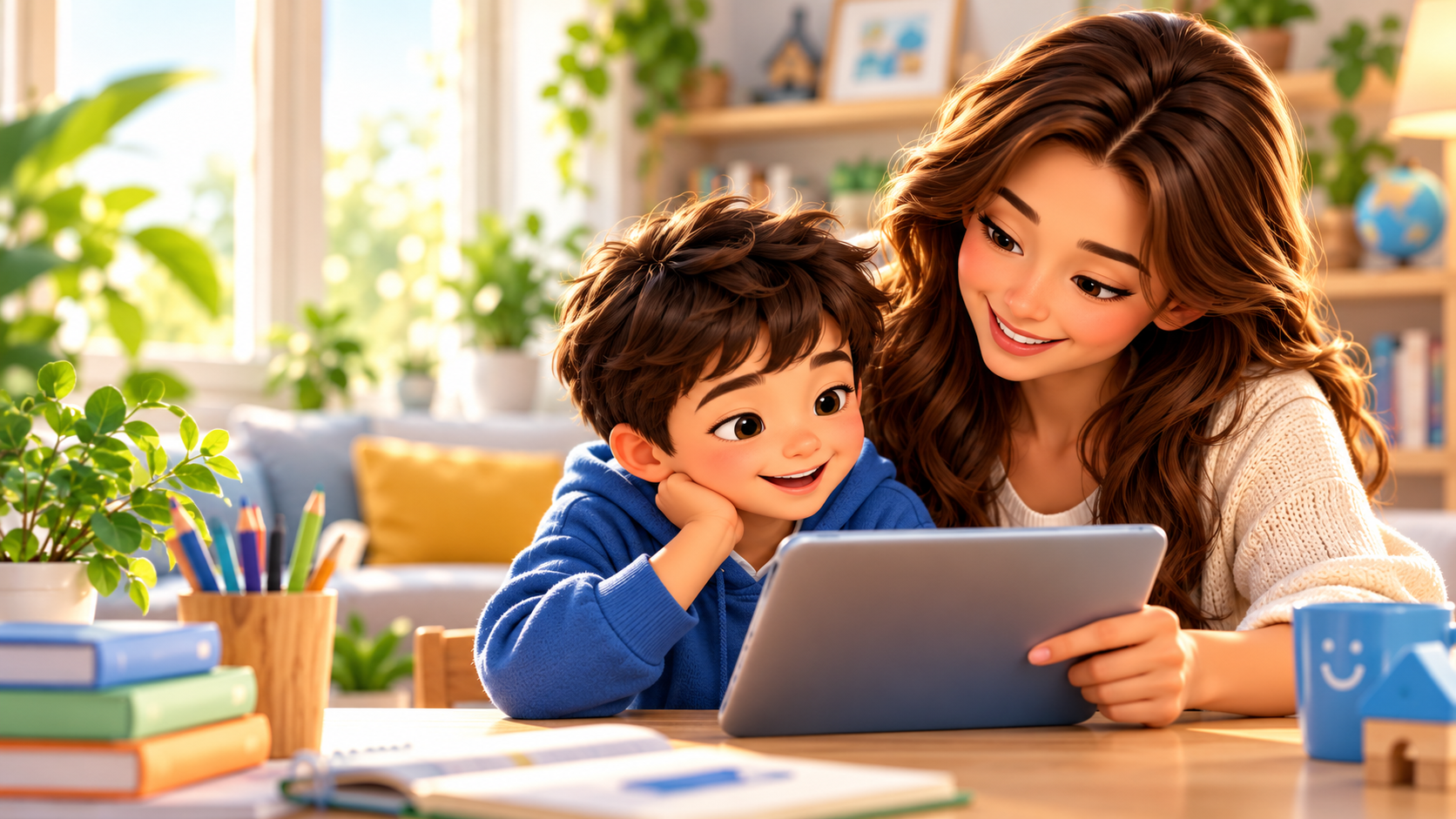Parent and child using technology together